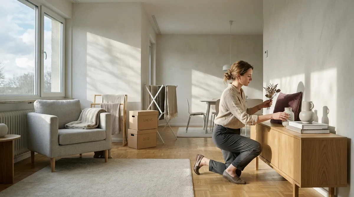 Décoratrice réalisant du home staging dans un appartement